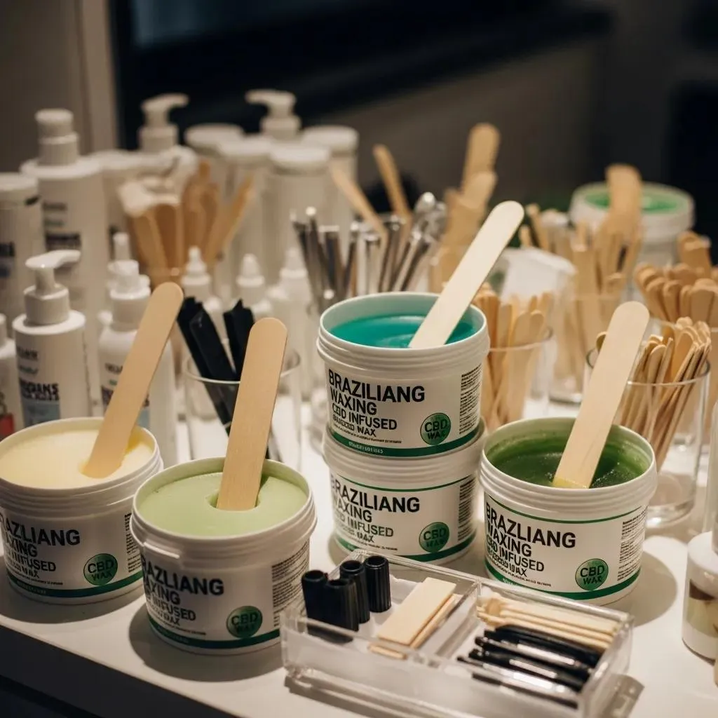 Variety of waxing products for Brazilian waxing displayed in a salon setting